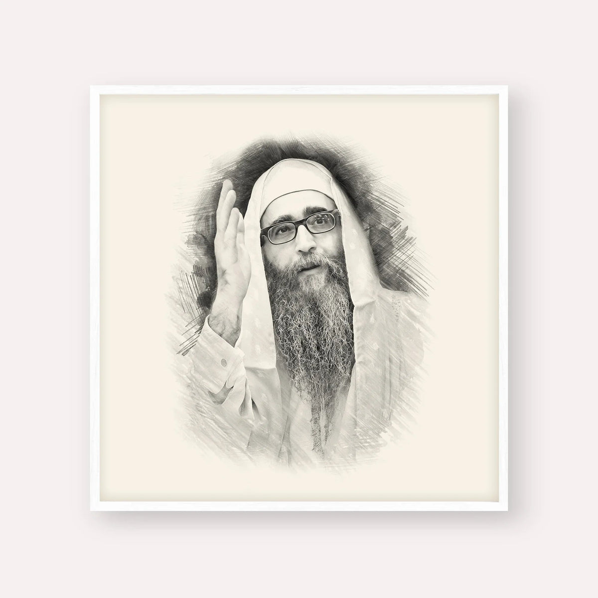 Rabbi Yoshiyahu Yosef Pinto, black & white portrait with white frame; square format example