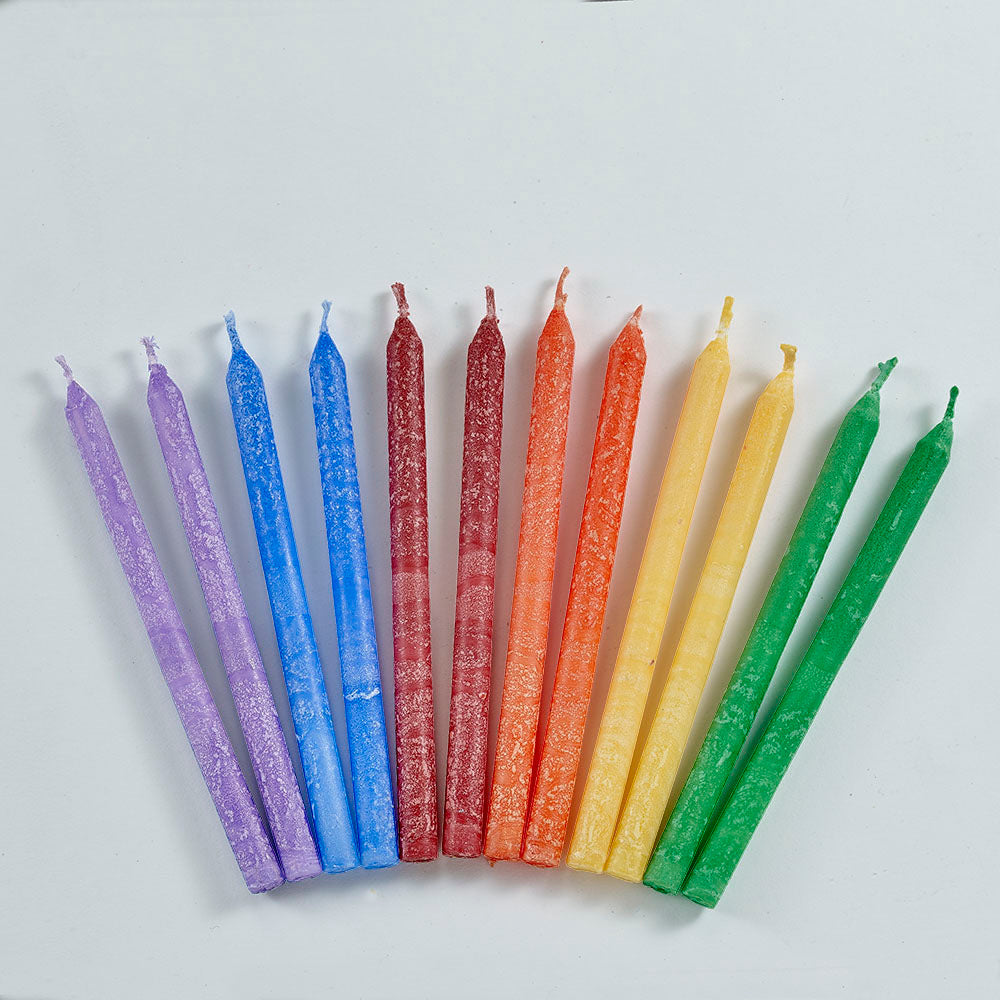 Rainbow Hanukkah Candles — boxed set of frosted multicolor menorah candles | Judaica Square Lakewood (view 2)