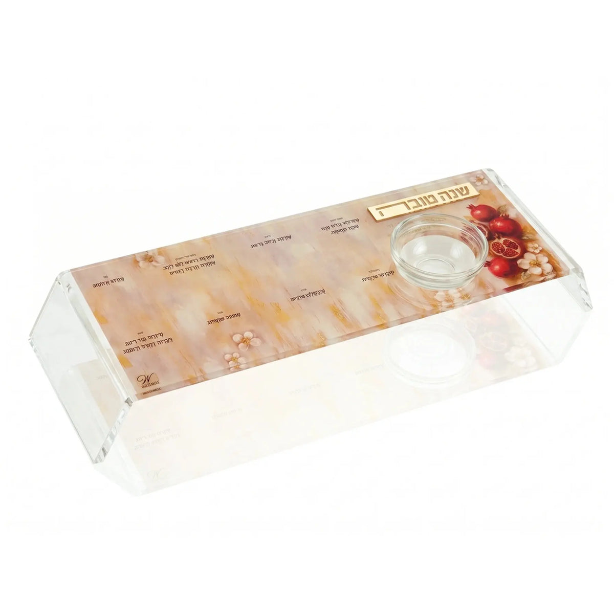 Raised clear Lucite simanim tray with painted pomegranates and glass honey dish