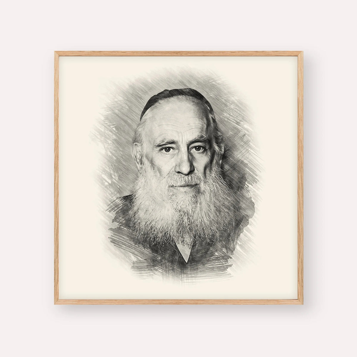 Rav Yosef Shlomo Kahaneman (Ponevezher Rav), black & white portrait with wood frame; square format example