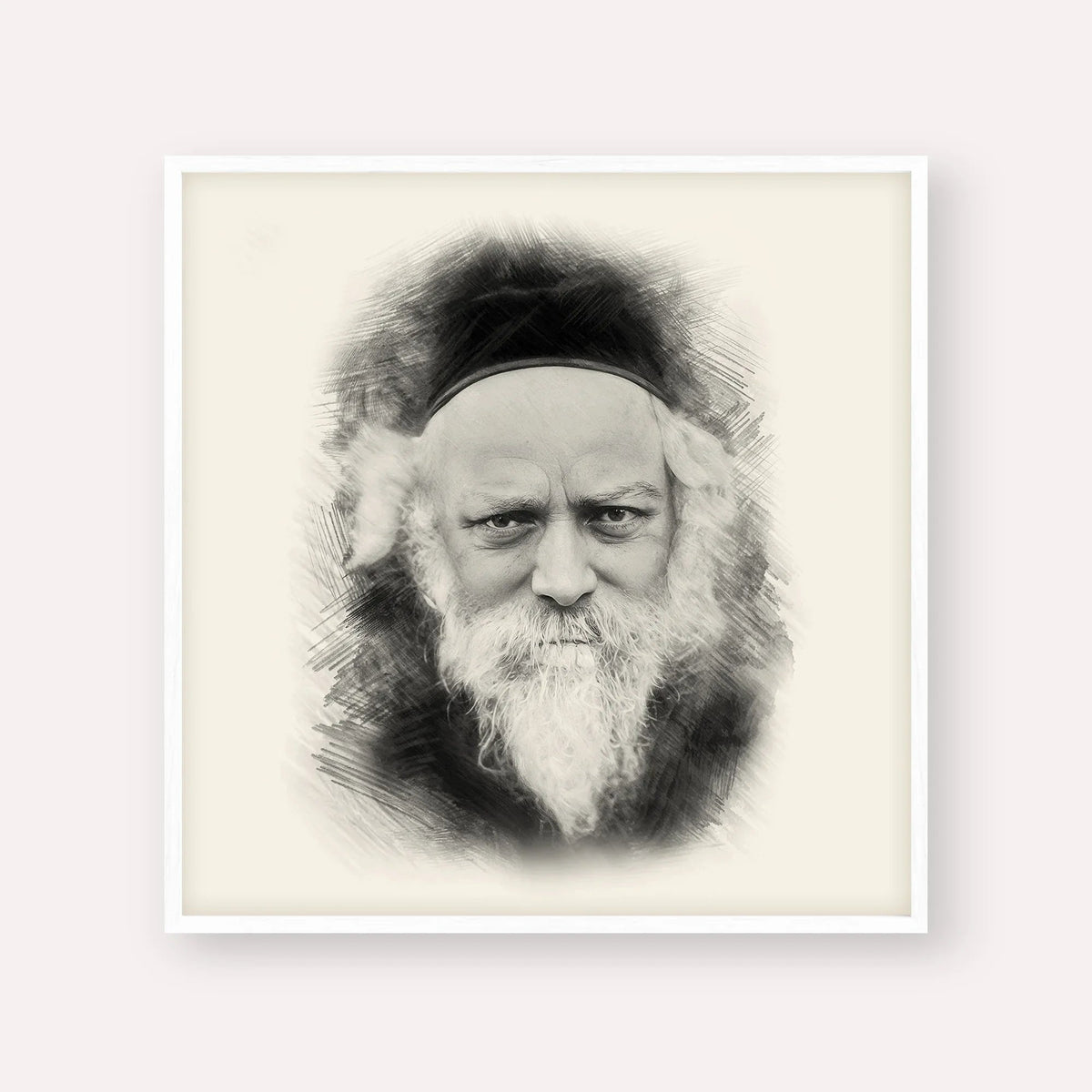 Reb Boruch Ber, black & white portrait with white frame; square format example