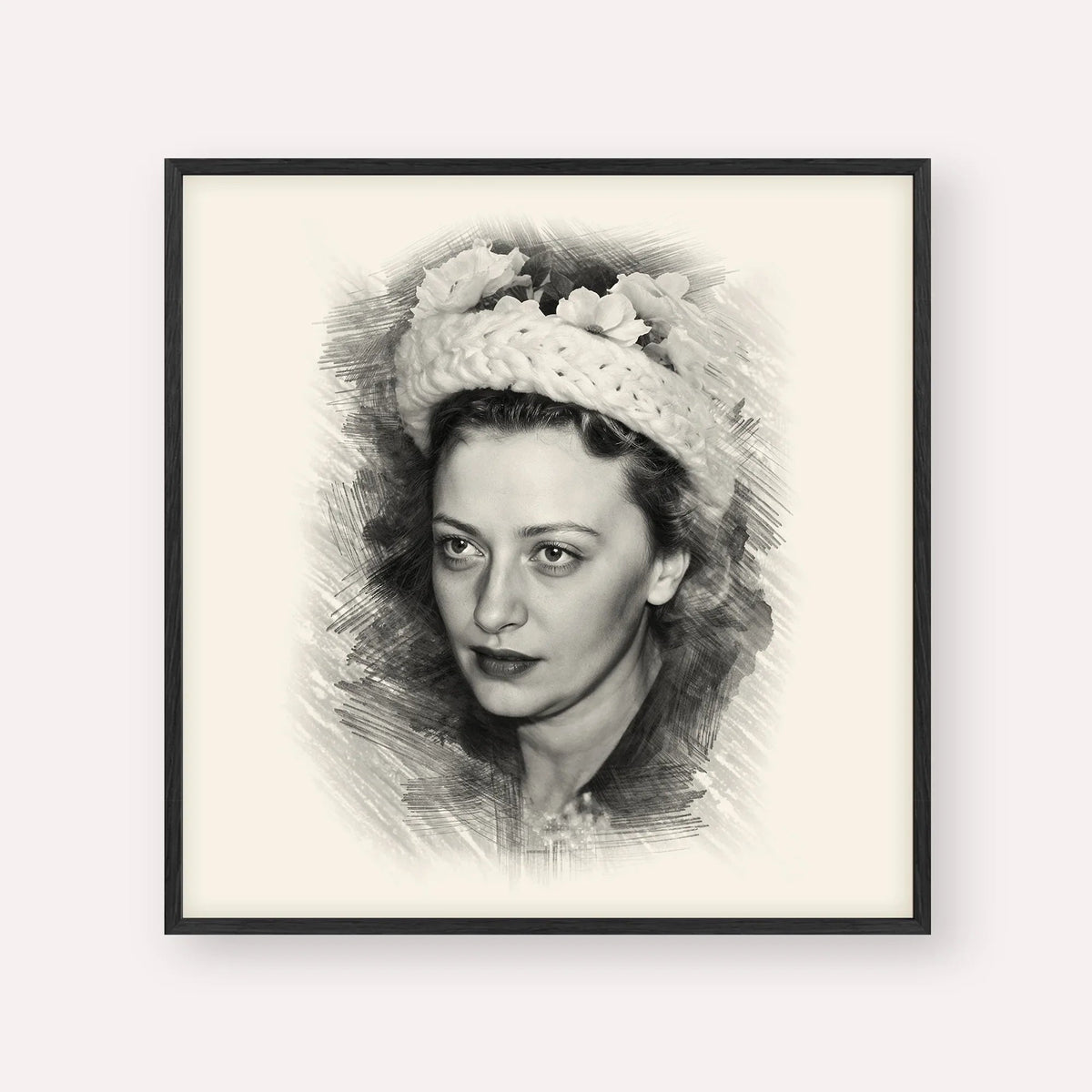 Rebbetzin Chaya Mushka Schneerson, black & white portrait with black frame; square format example