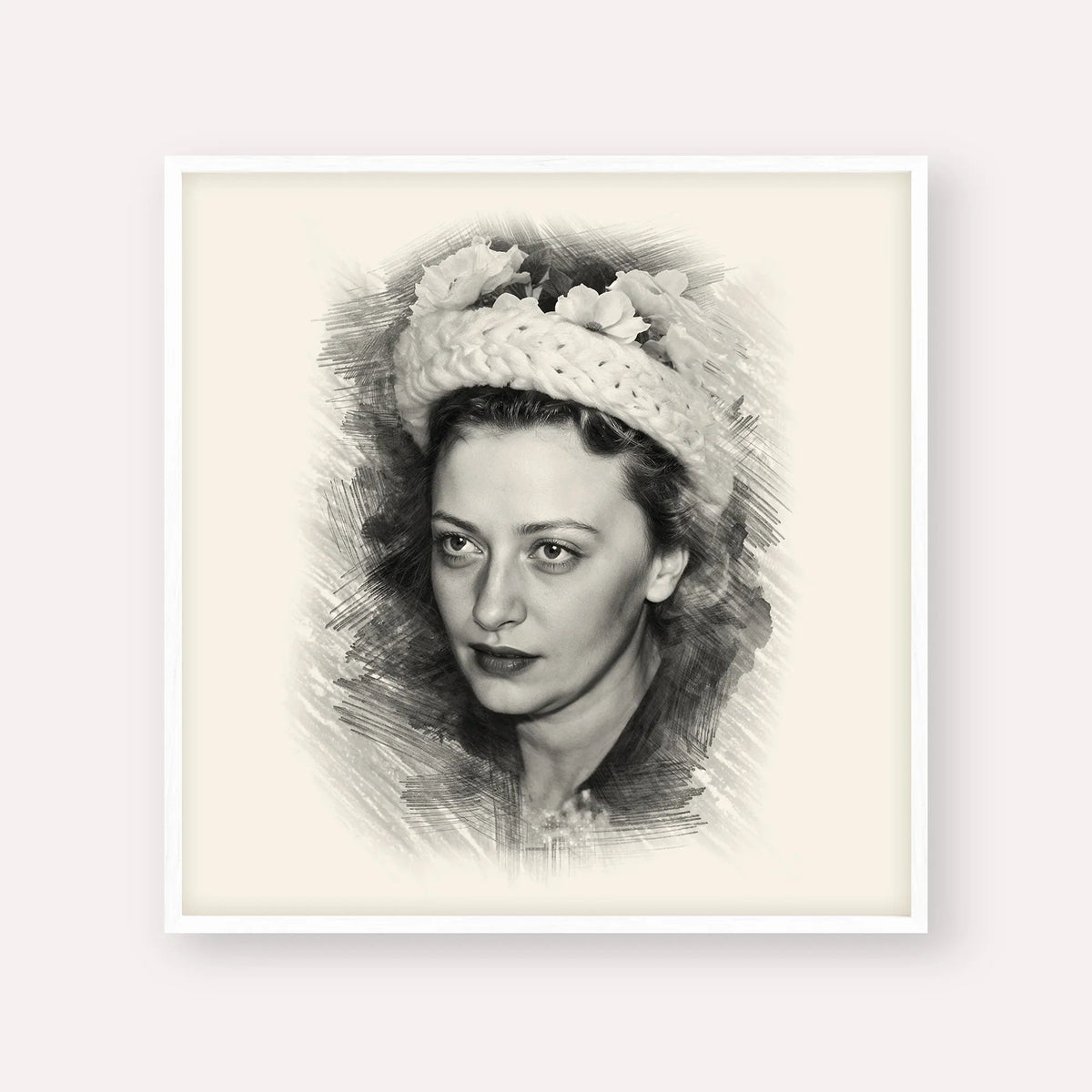 Rebbetzin Chaya Mushka Schneerson, black & white portrait with white frame; square format example