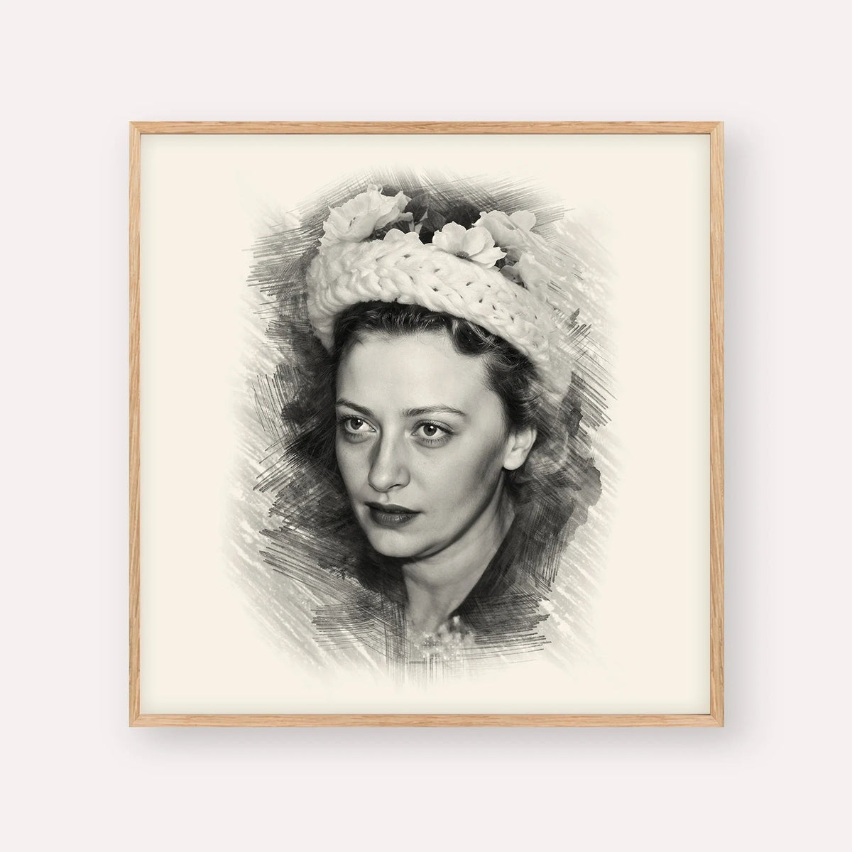 Rebbetzin Chaya Mushka Schneerson, black & white portrait with wood frame; square format example