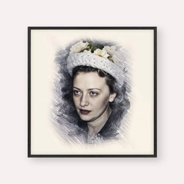 Rebbetzin Chaya Mushka Schneerson, color portrait with black frame; square format example