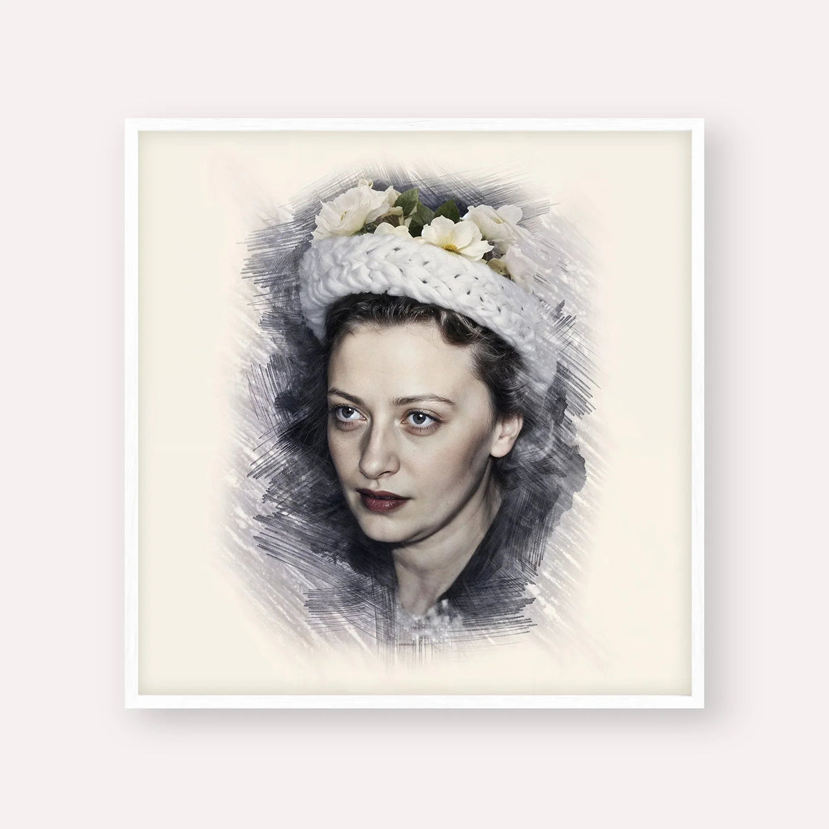 Rebbetzin Chaya Mushka Schneerson, color portrait with white frame; square format example