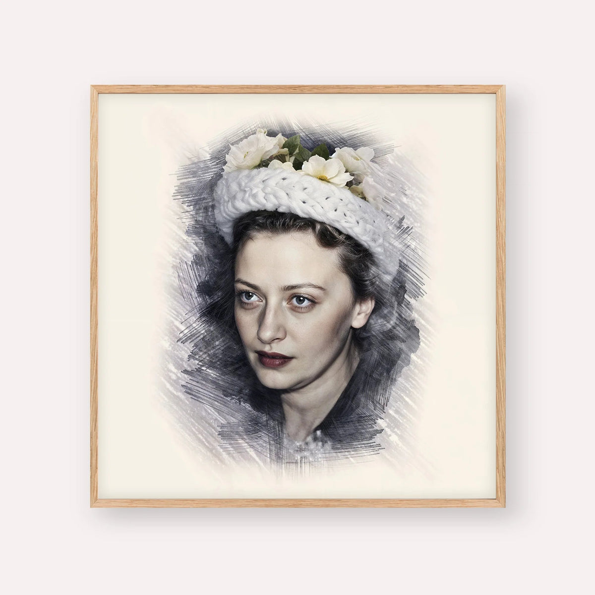 Rebbetzin Chaya Mushka Schneerson, color portrait with wood frame; square format example
