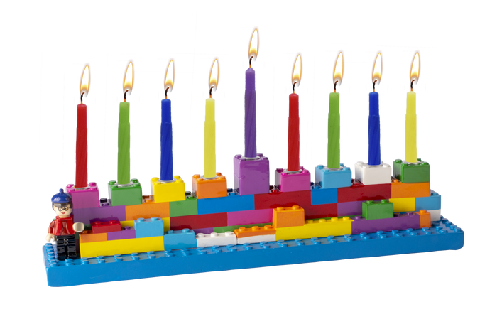 Cast-resin Chanukah menorah with a sculpted brick-wall motif