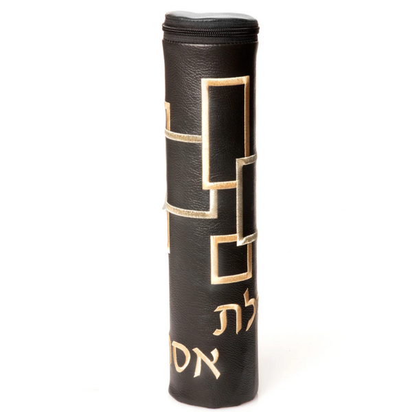 Square Scroll Megilla Case Black Leather and Gold #1240