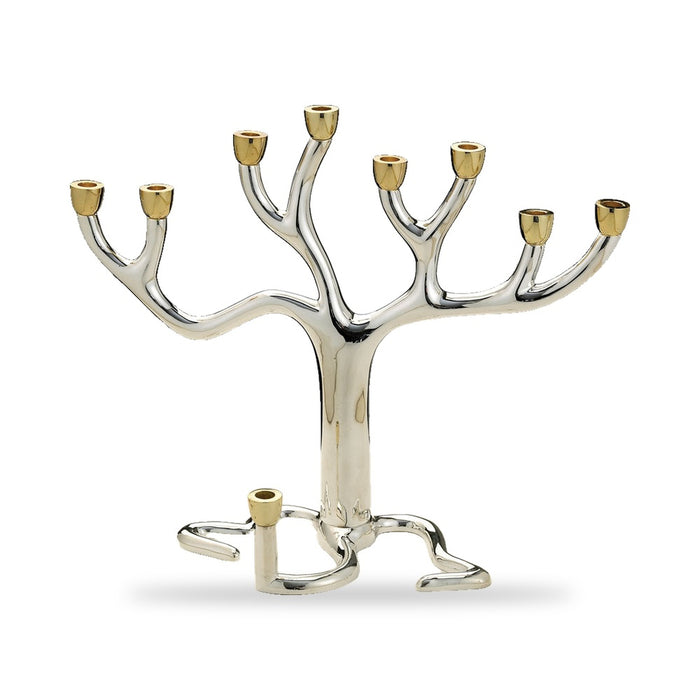 Large Tree of Life Hanukkah Menorah, 11 x 9 in, Silverplated with Goldtone Cups, front view