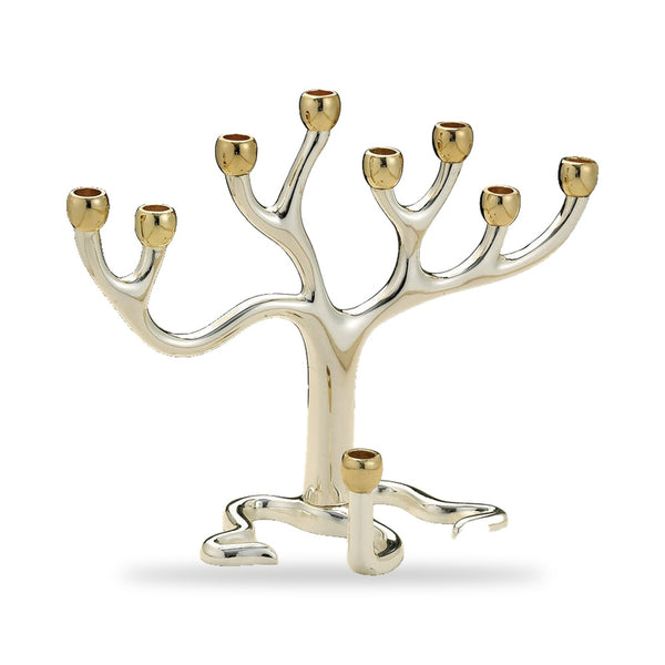 Medium Tree of Life Hanukkah Menorah, 8 x 7 in, Silverplated with Goldtone Cups, front view