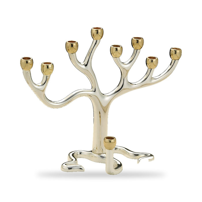 Medium Tree of Life Hanukkah Menorah, 8 x 7 in, Silverplated with Goldtone Cups, front view