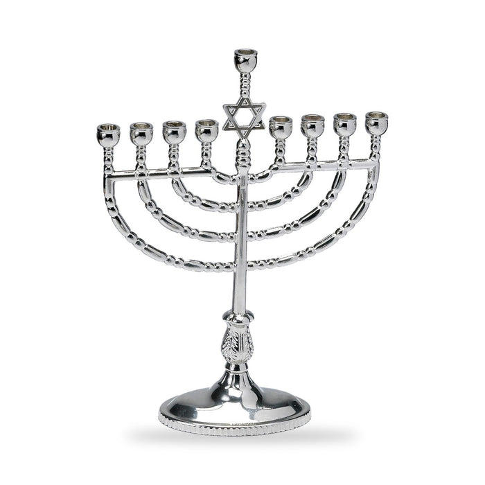 Traditional Polished Silvertone Hanukkah Menorah, 7 x 9 in, front view