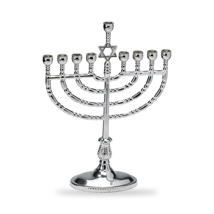 Traditional Polished Silvertone Hanukkah Menorah, 7 x 9 in, front view
