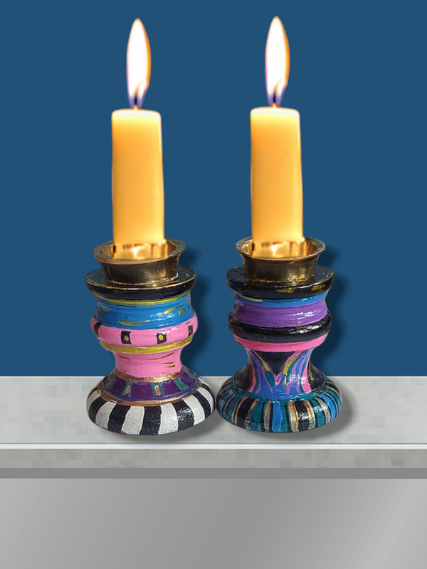 Funky mismatched Shabbat candlesticks — two small hand-painted wooden holders in bright acrylic | Judaica Square Lakewood