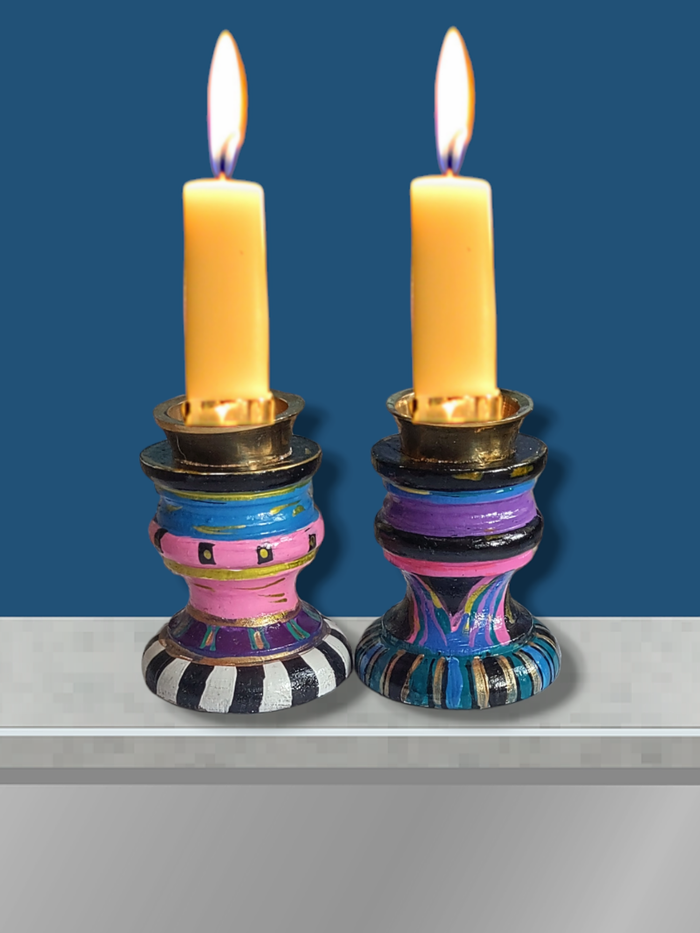Funky mismatched Shabbat candlesticks — two small hand-painted wooden holders in bright acrylic | Judaica Square Lakewood