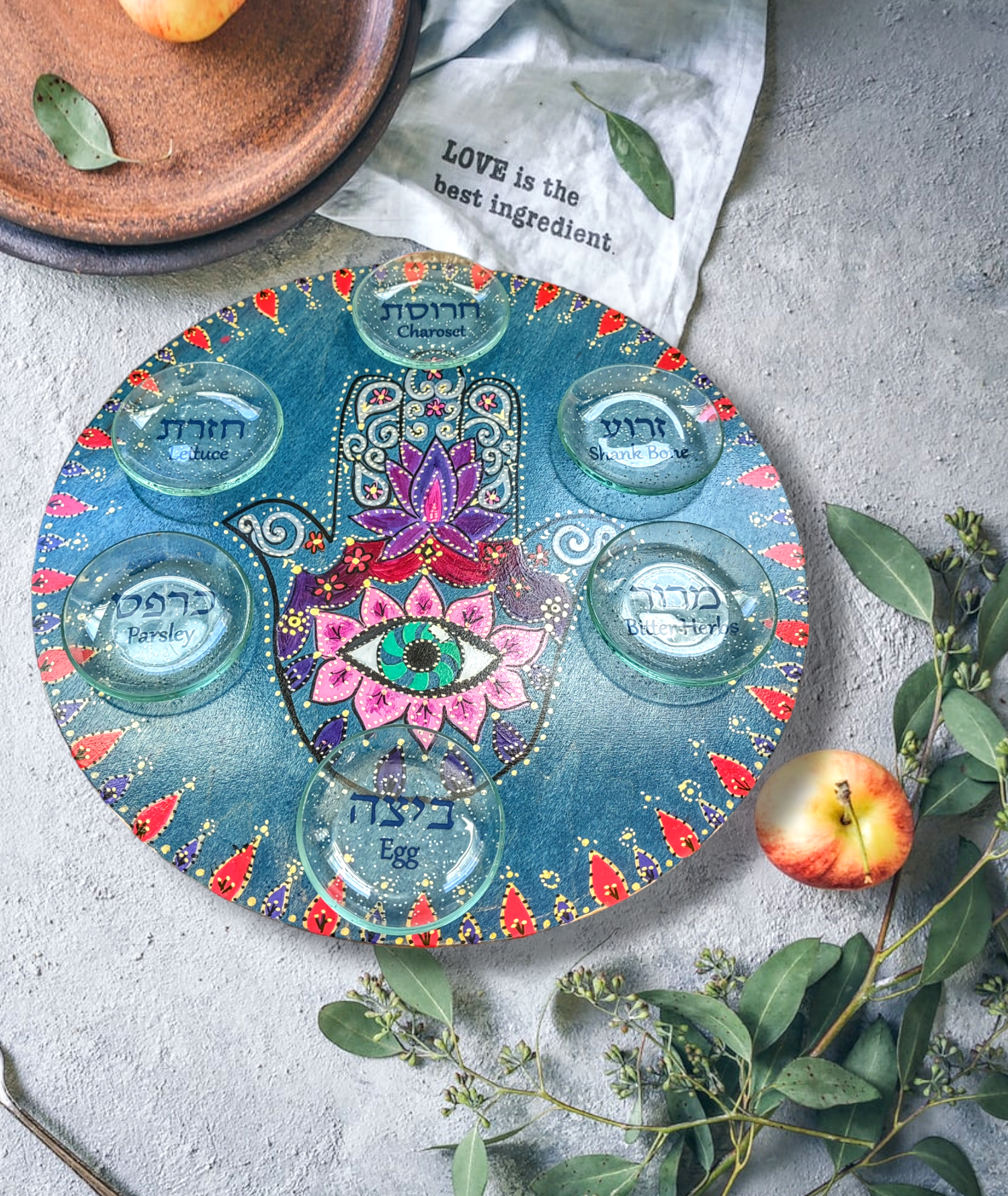 Hamsa seder plate — hand-painted colorful hardwood plate with etched glass bowls | Judaica Square Lakewood (view 5)
