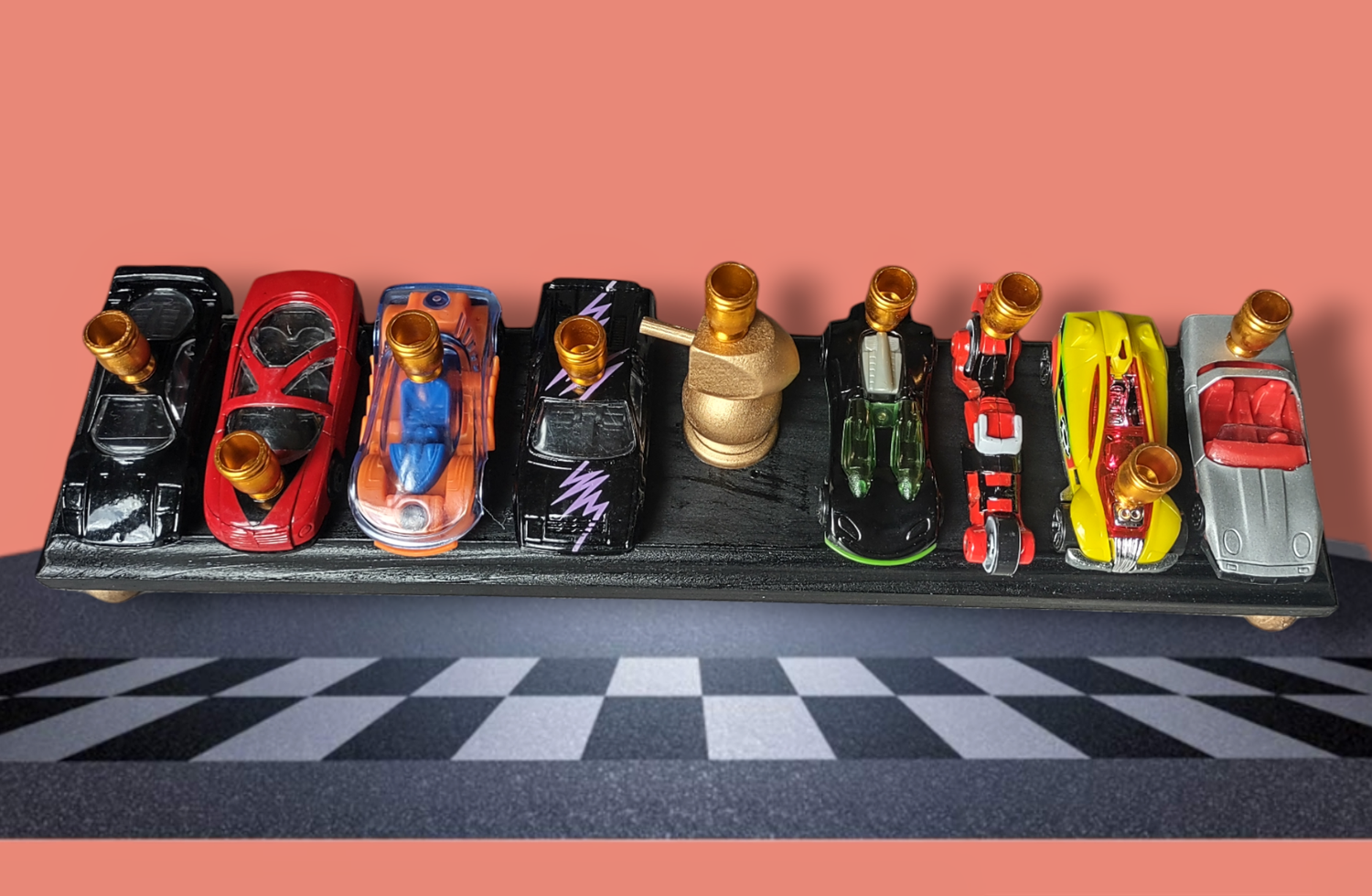 Matchbox car menorah — row of repurposed toy cars with aluminum candle cups | Judaica Square Lakewood (view 2)