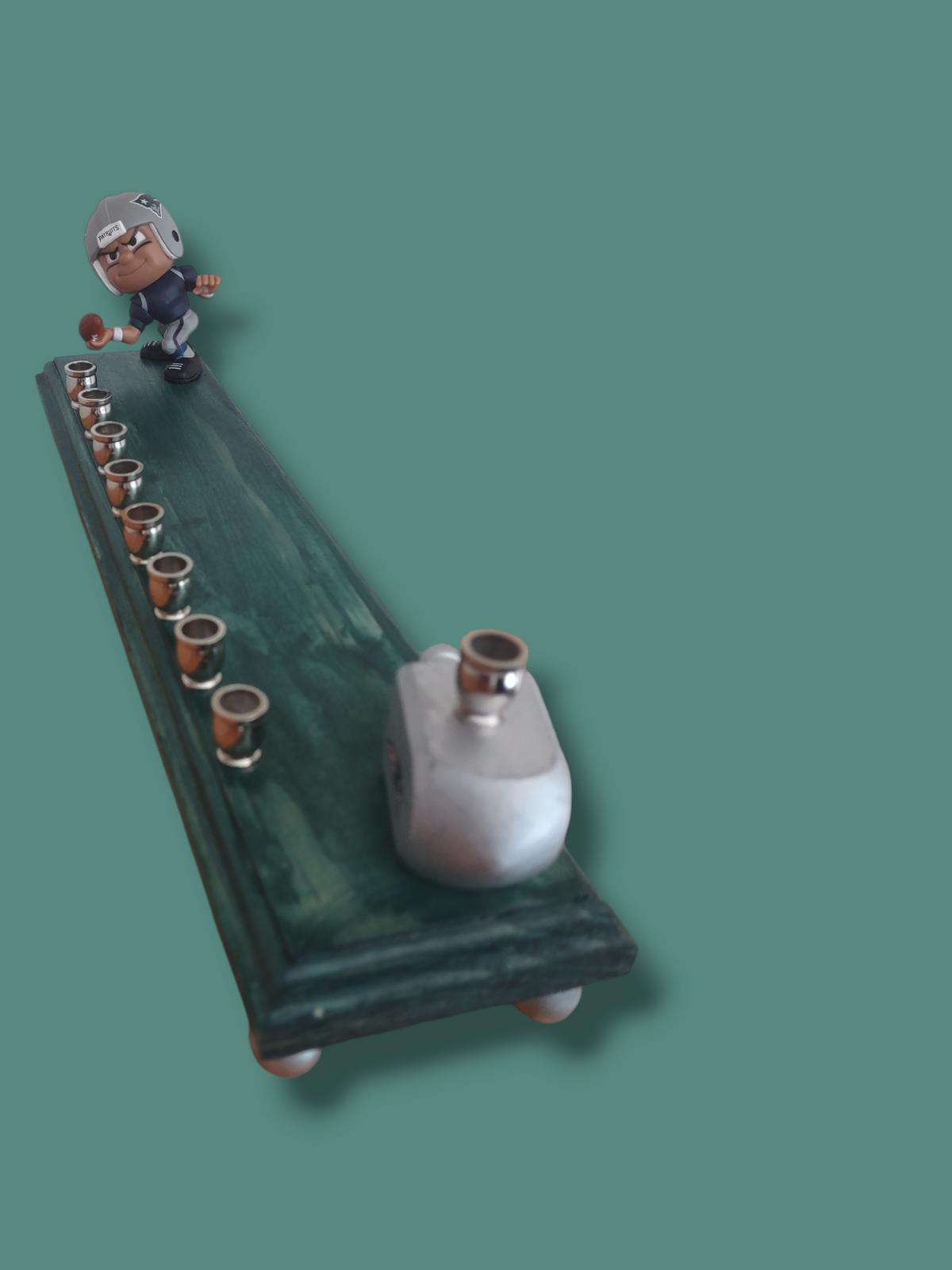 Patriots football menorah — collector figure and wood dreidel on a 13-inch painted base | Judaica Square Lakewood (view 4)