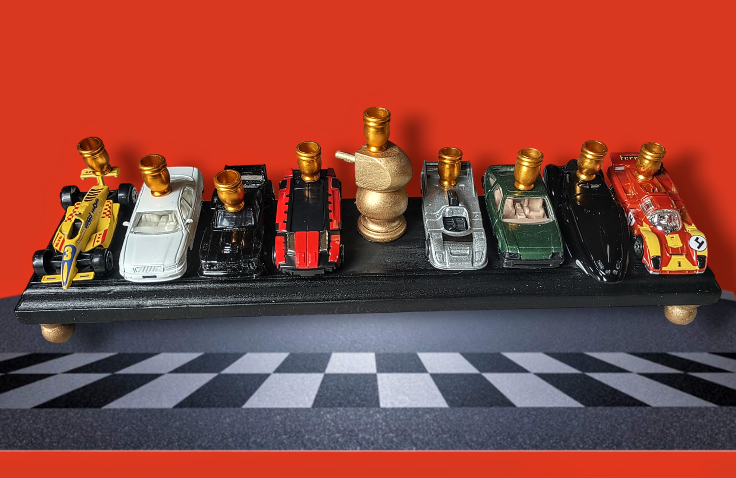 Matchbox car menorah — row of repurposed toy cars with aluminum candle cups | Judaica Square Lakewood (view 5)