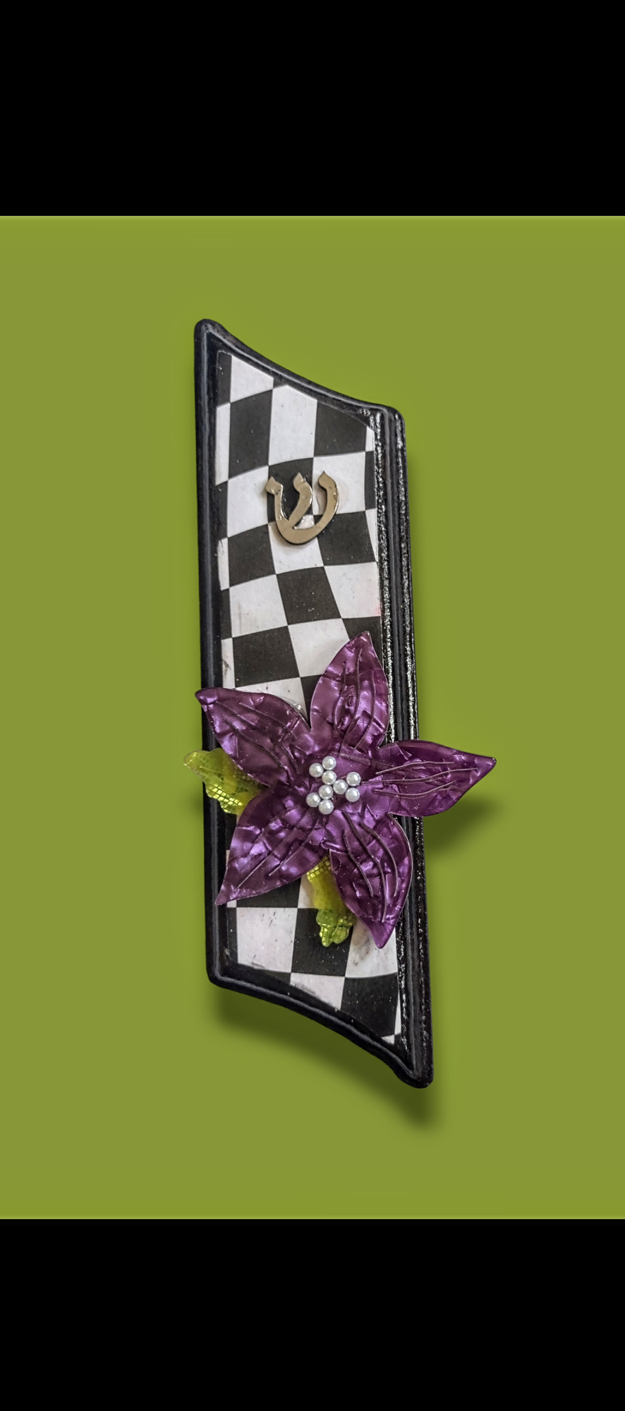 Purple flower decoupage mezuzah — black and white paper on wood | Judaica Square Lakewood (view 5)
