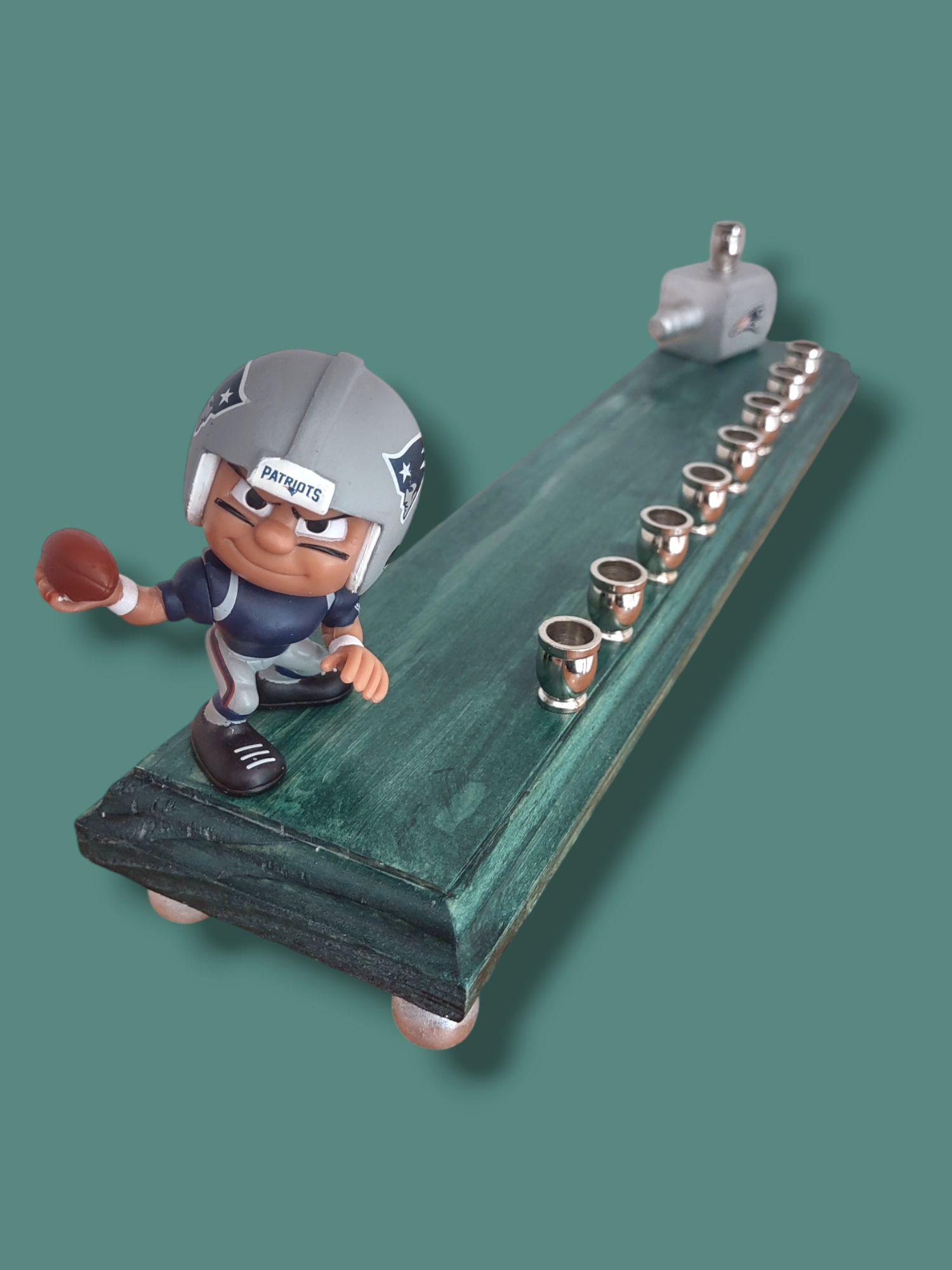Patriots football menorah — collector figure and wood dreidel on a 13-inch painted base | Judaica Square Lakewood (view 2)