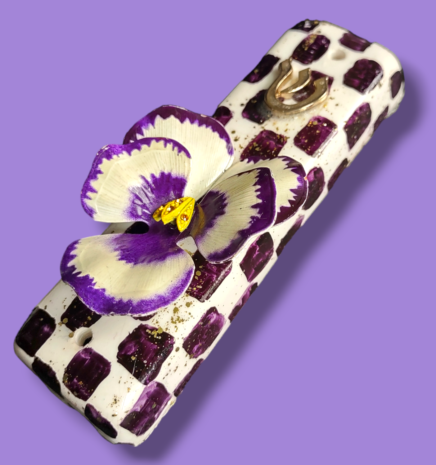 Checkerboard ceramic mezuzah case — checked glaze with flower or jeweled crown topper | Judaica Square Lakewood (view 2)