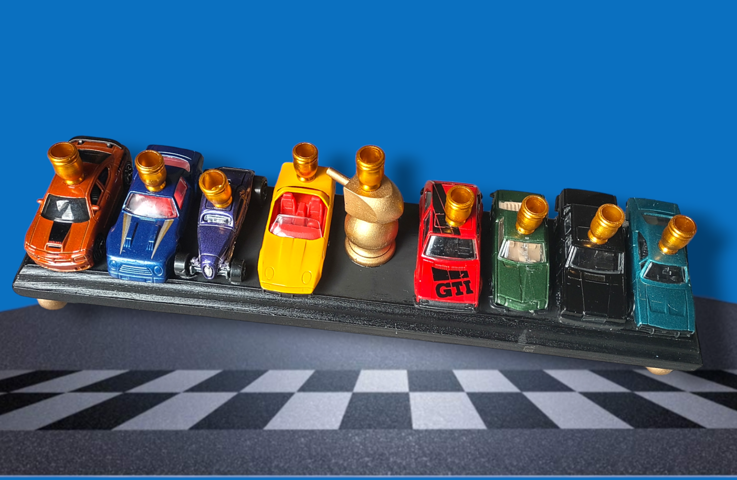 Matchbox car menorah — row of repurposed toy cars with aluminum candle cups | Judaica Square Lakewood (view 8)