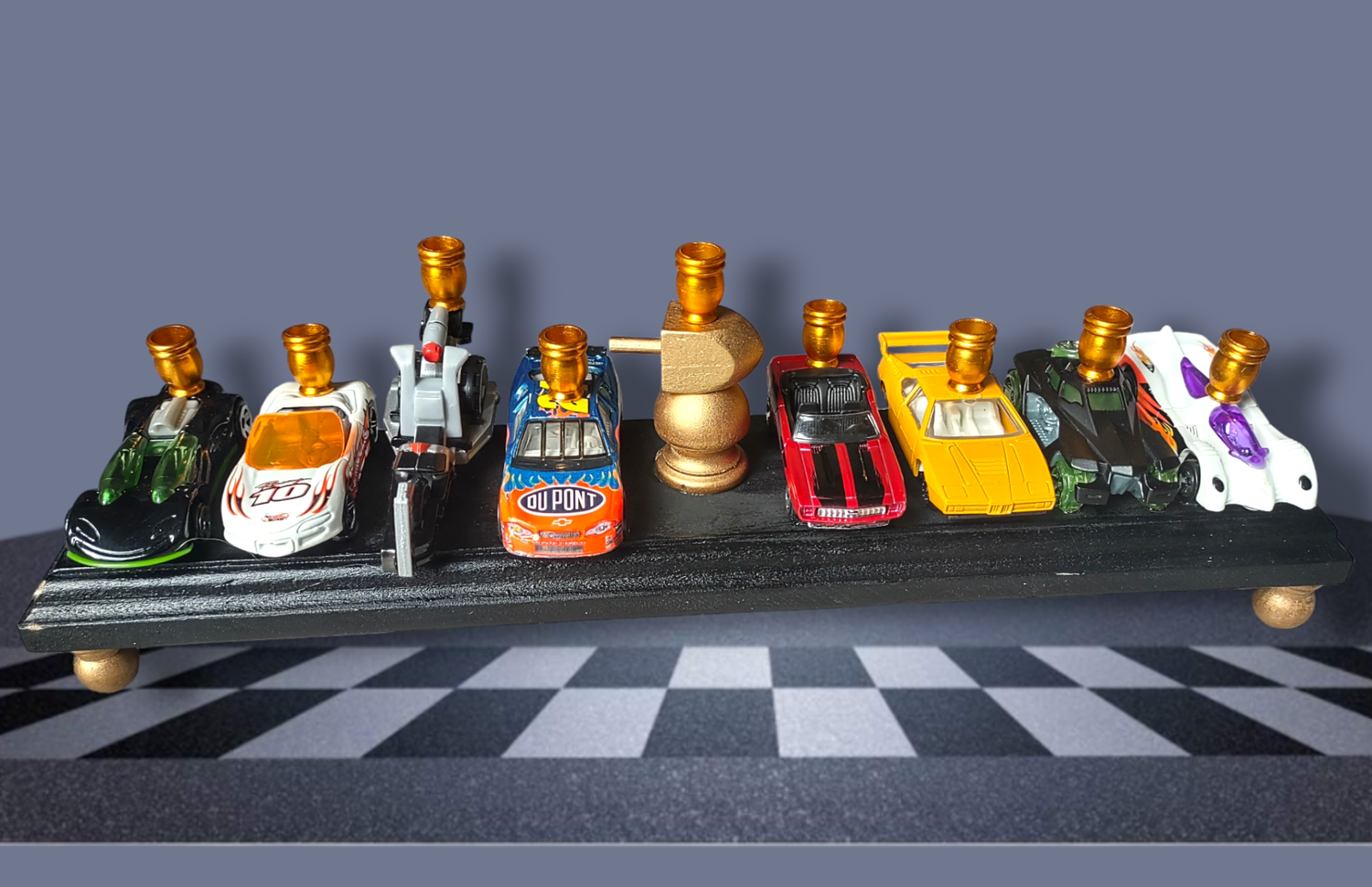 Matchbox car menorah — row of repurposed toy cars with aluminum candle cups | Judaica Square Lakewood (view 9)