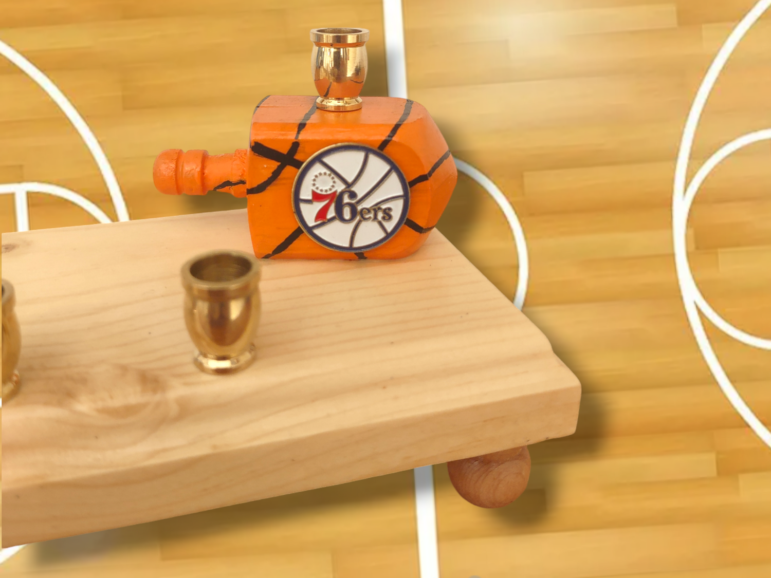 Philadelphia 76ers menorah — repurposed basketball figure on a long wood plaque | Judaica Square Lakewood (view 4)