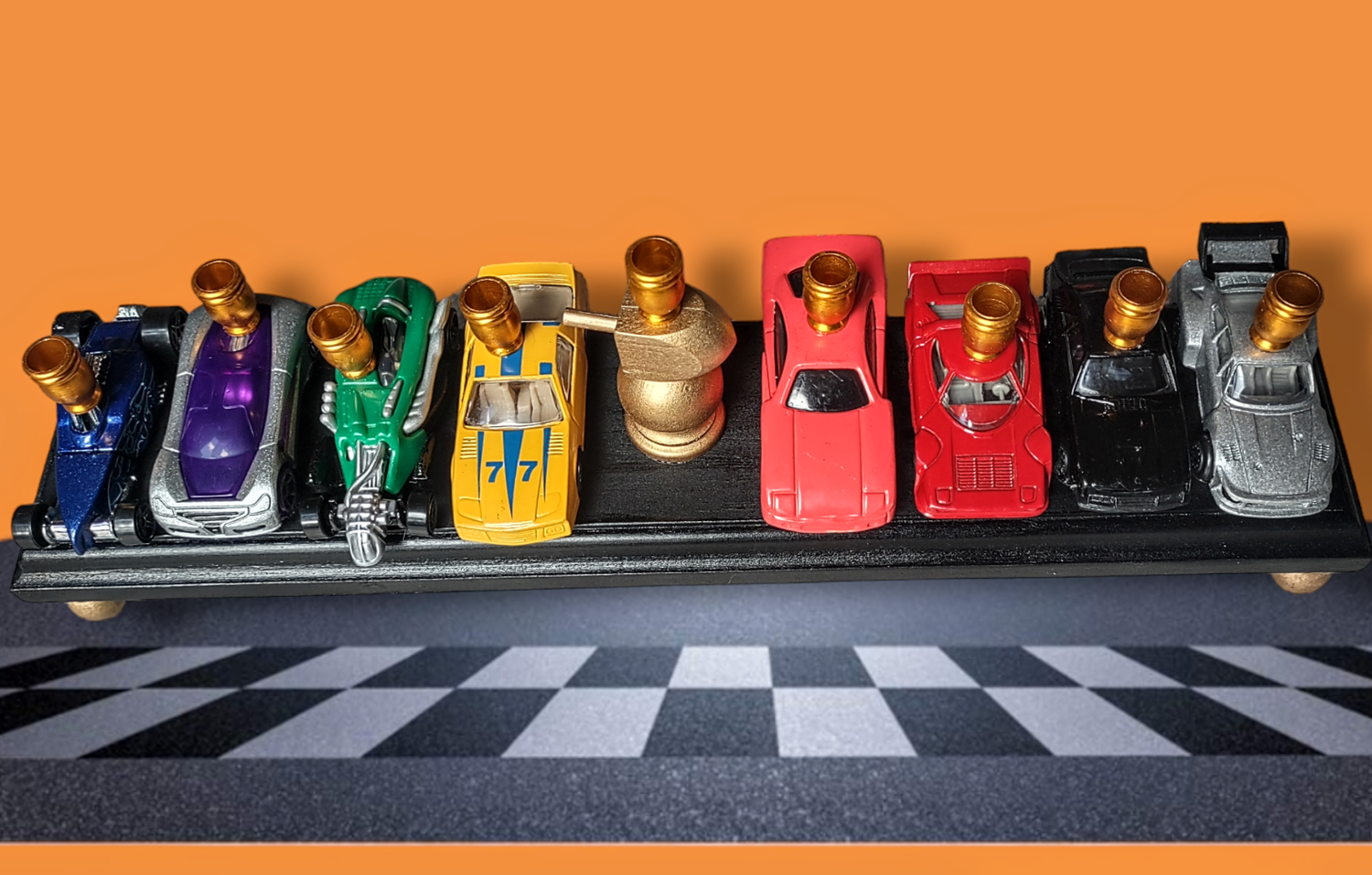 Hot Wheels menorah — die-cast toy cars on wood plaque with gold dreidel trophy | Judaica Square Lakewood (view 4)