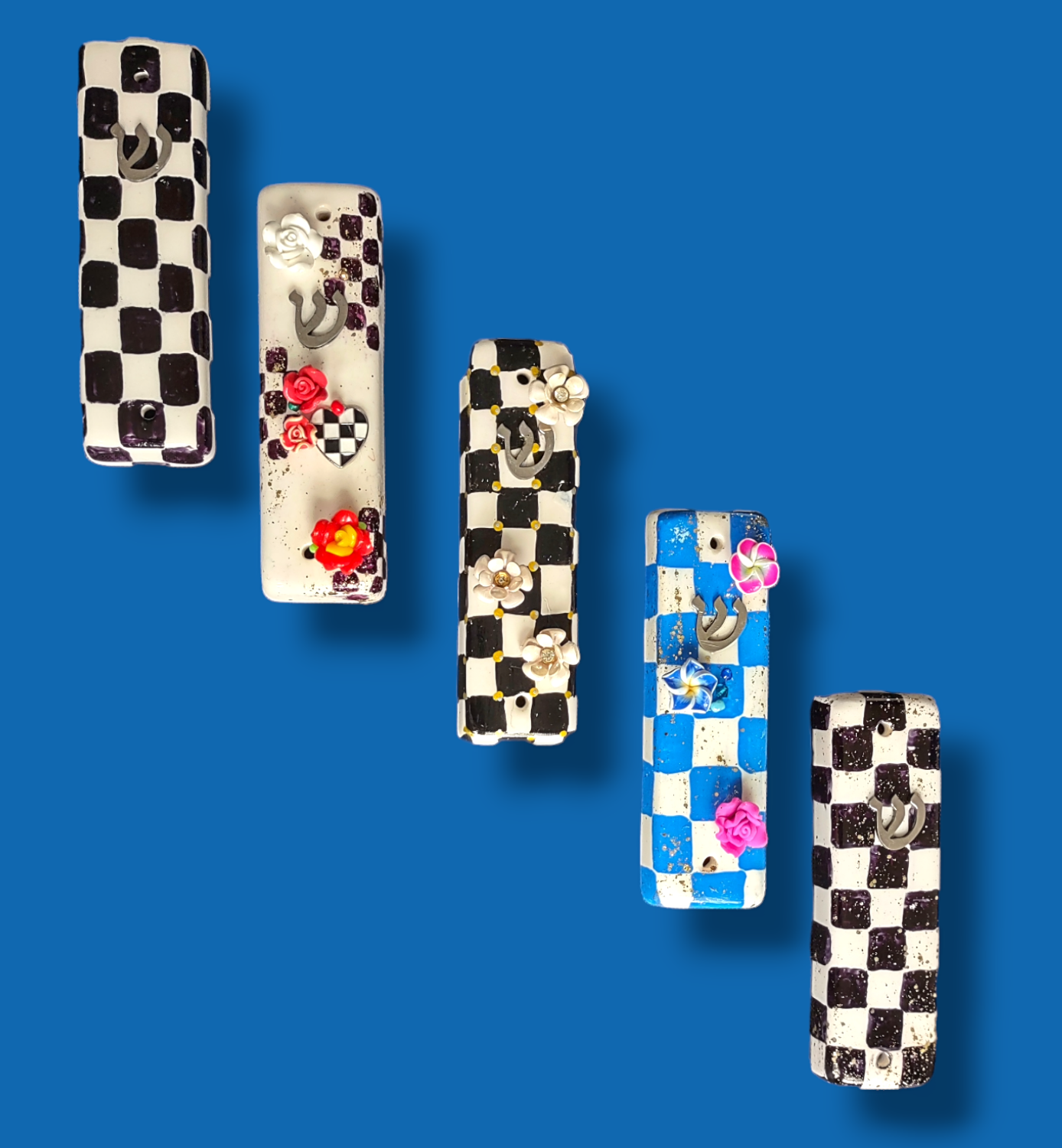 Checkerboard mezuzah case with accents — vintage flower, pansy and gold crown options | Judaica Square Lakewood (view 14)
