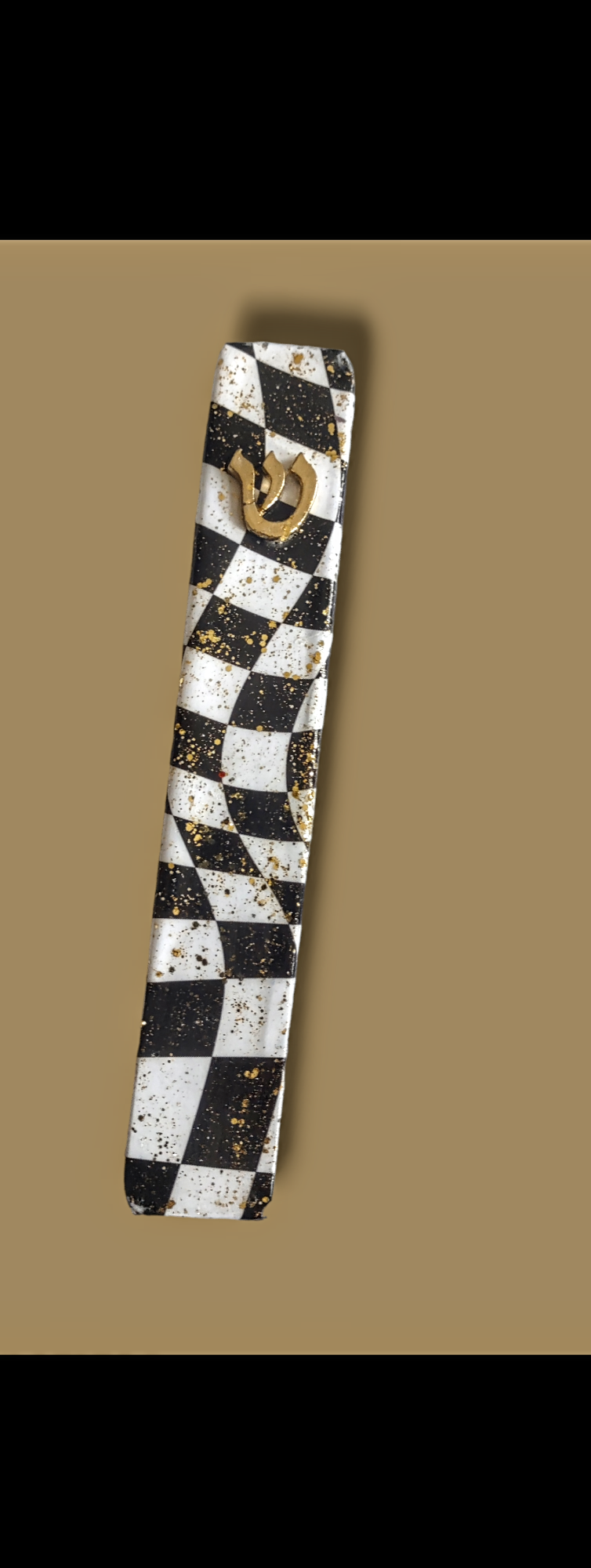 Black and white decoupage mezuzah — glitter finished wood case | Judaica Square Lakewood (view 3)