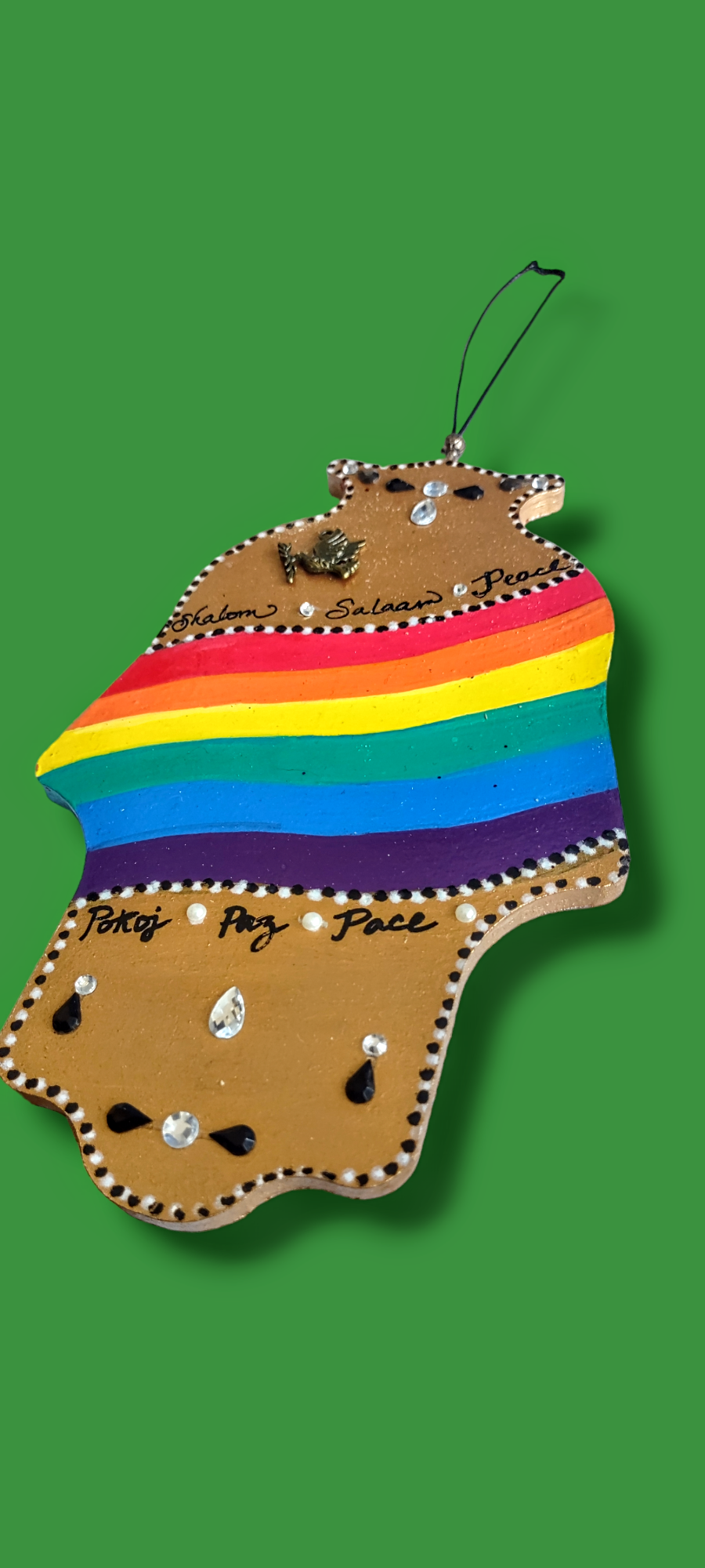 Hanging wooden hamsa — Peace in six languages with pewter dove | Judaica Square Lakewood (view 4)