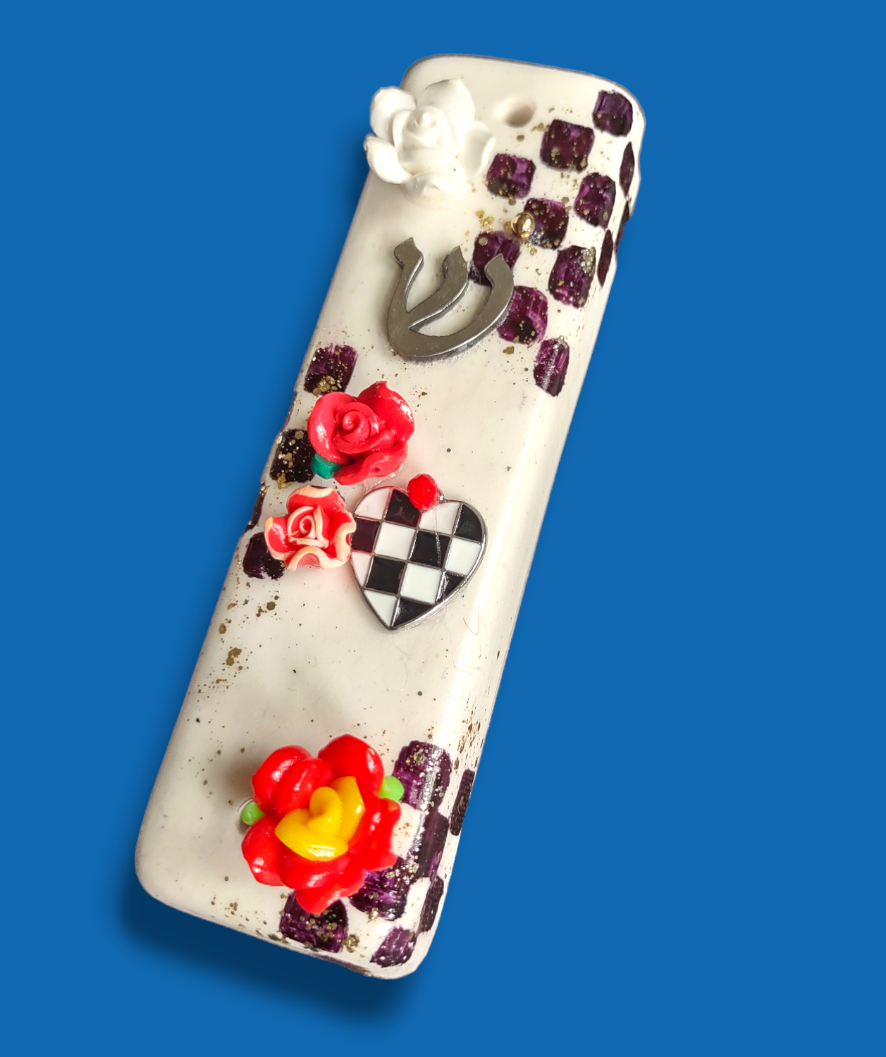 Checkerboard mezuzah case with accents — vintage flower, pansy and gold crown options | Judaica Square Lakewood (view 18)