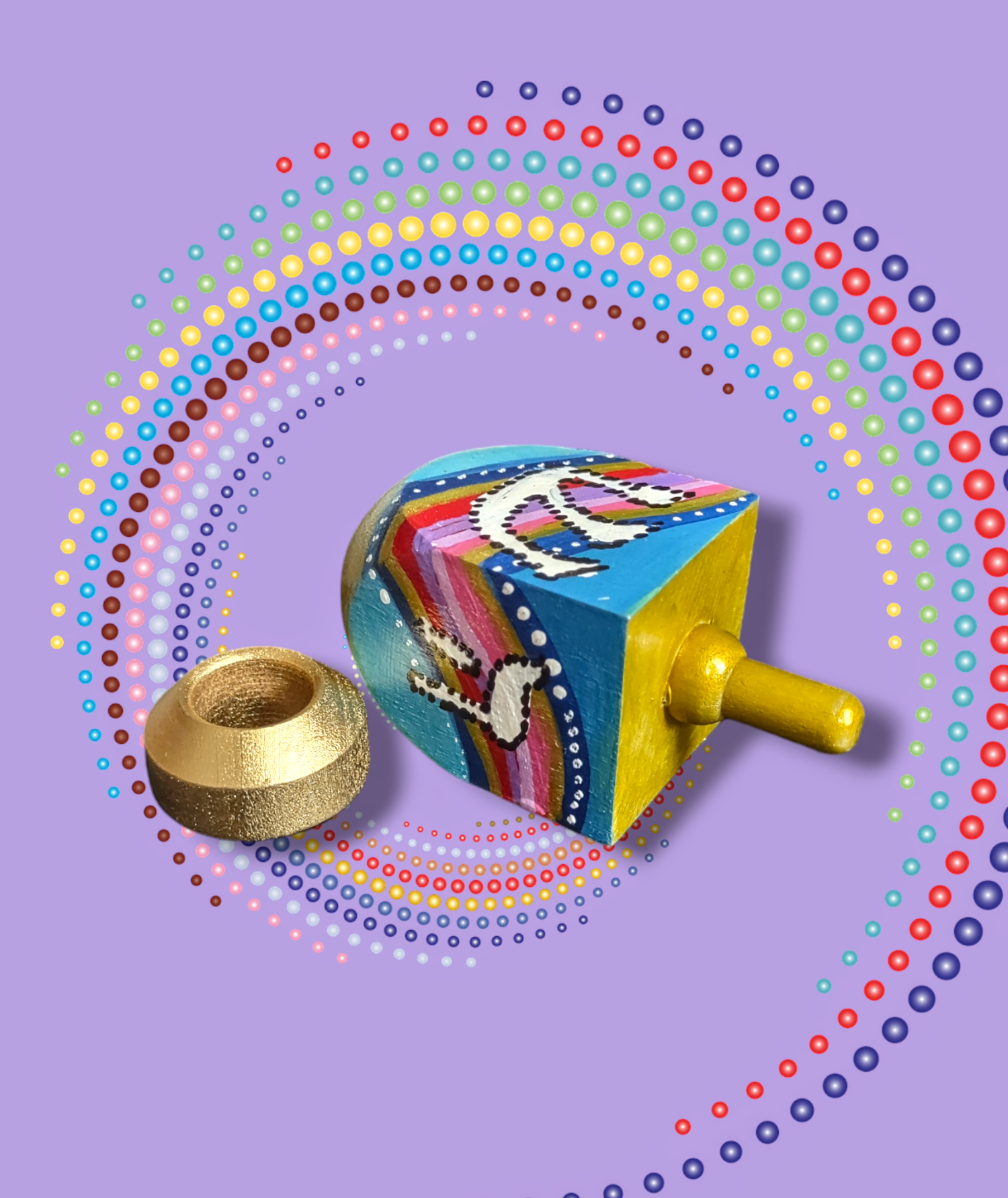 Brightly colored dreidel — wooden dreidel painted in bold colors with its wooden stand | Judaica Square Lakewood (view 2)