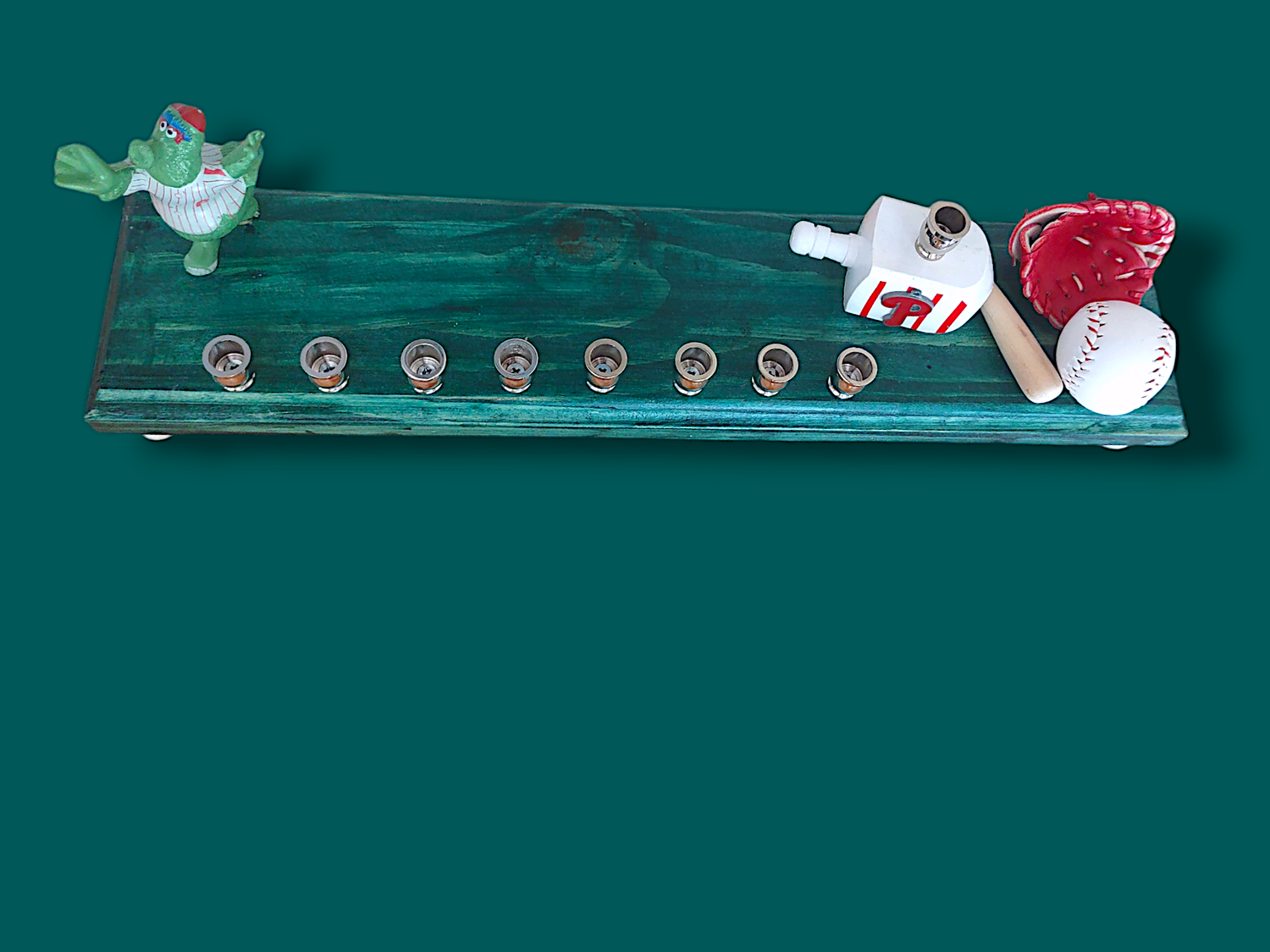 Phillies menorah — Philly Phanatic collector figure on painted plaque with brass cups | Judaica Square Lakewood (view 2)