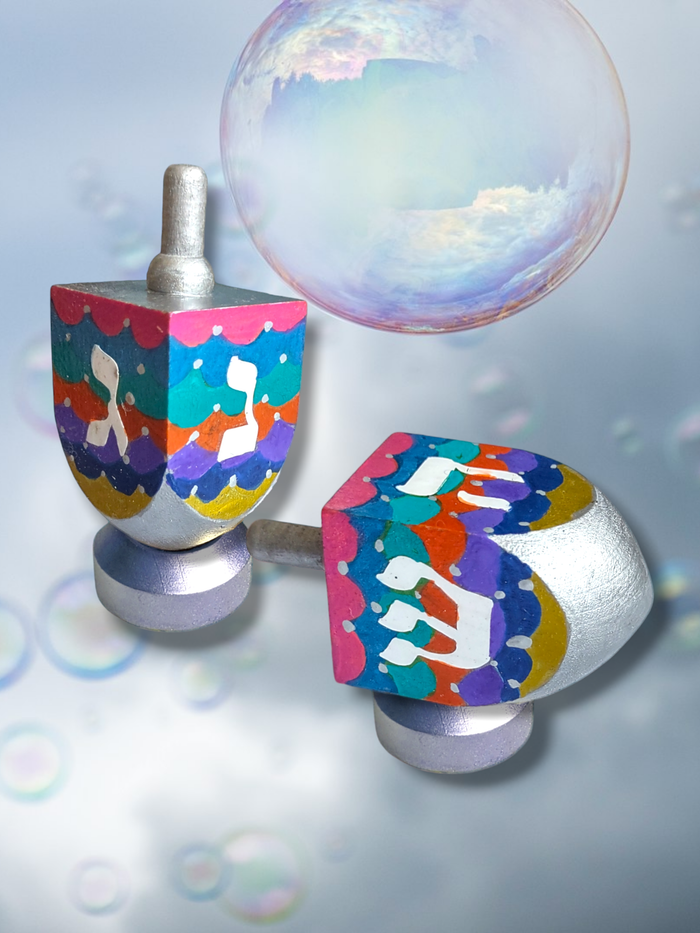 Mermaid Dreidel — hand-painted mermaid on wooden dreidel with stand | Judaica Square Lakewood