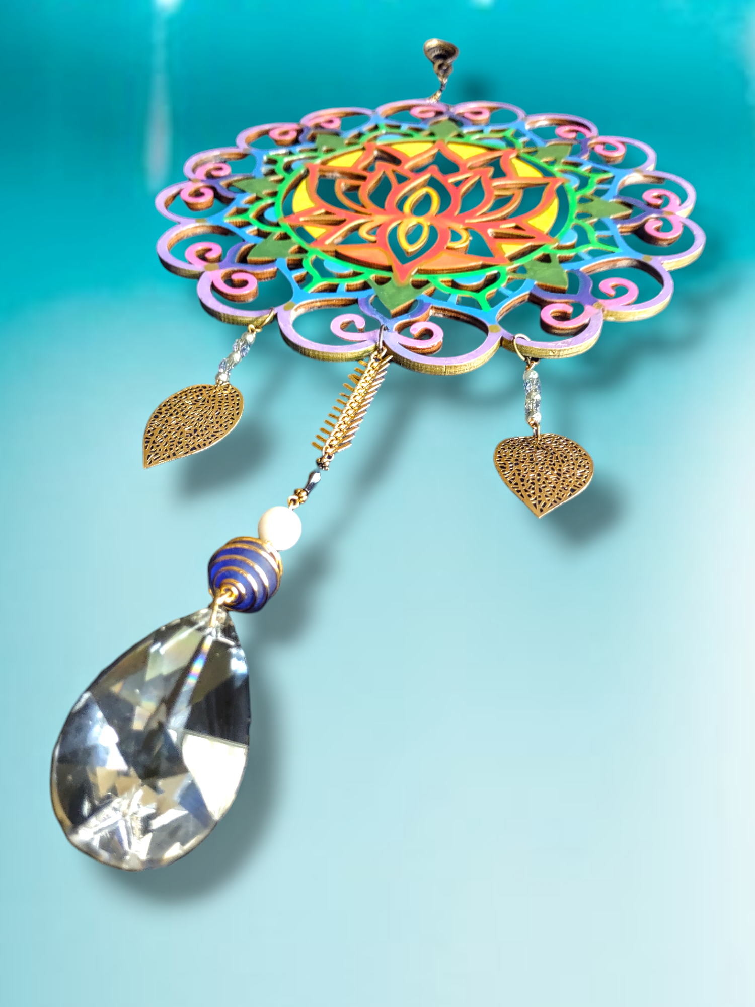 Lotus mandala — two-sided spinning hanging with vintage beads | Judaica Square Lakewood (view 2)