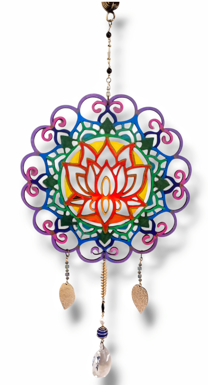 Lotus mandala — two-sided spinning hanging with vintage beads | Judaica Square Lakewood