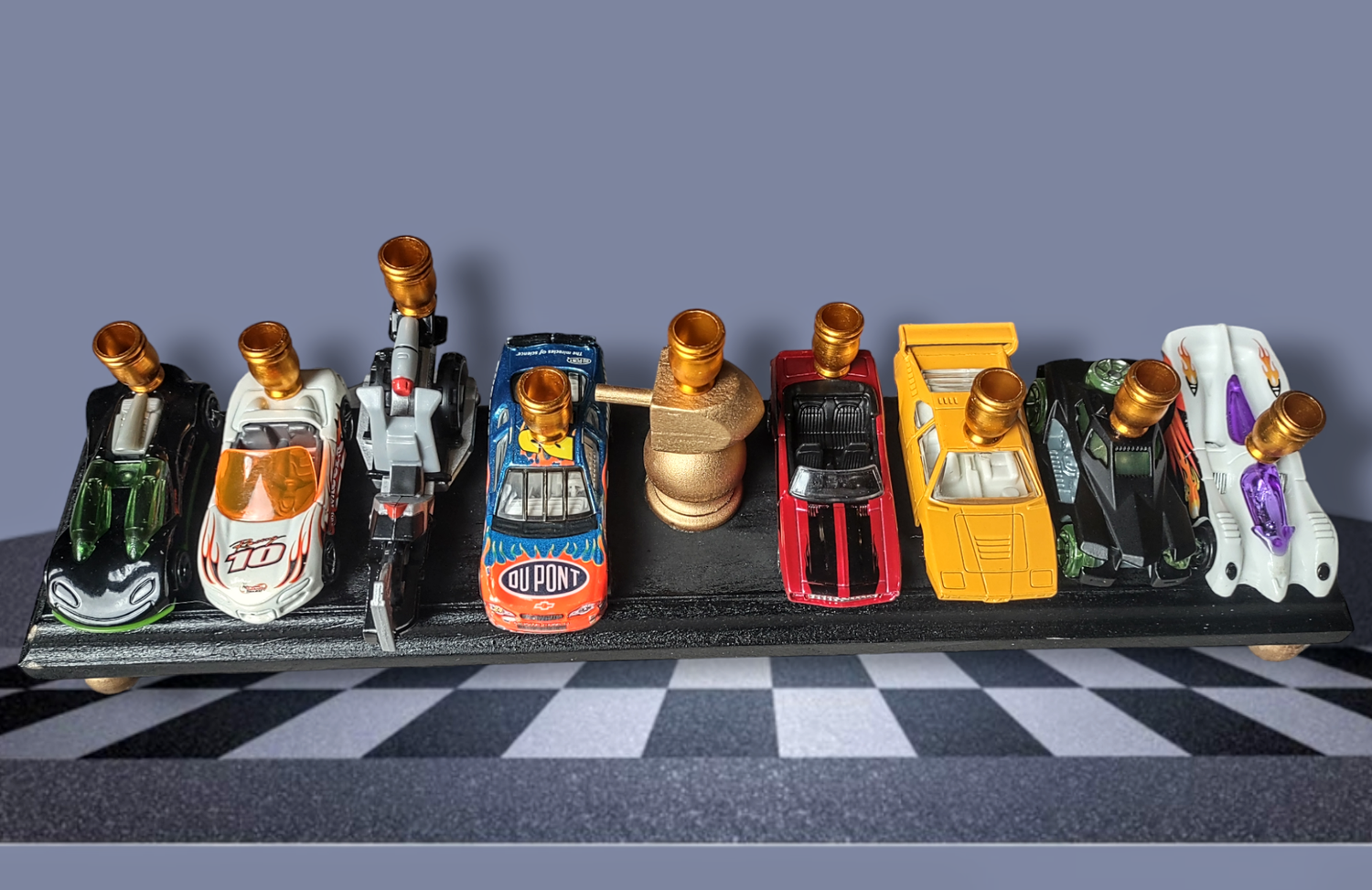 Matchbox car menorah — row of repurposed toy cars with aluminum candle cups | Judaica Square Lakewood (view 10)