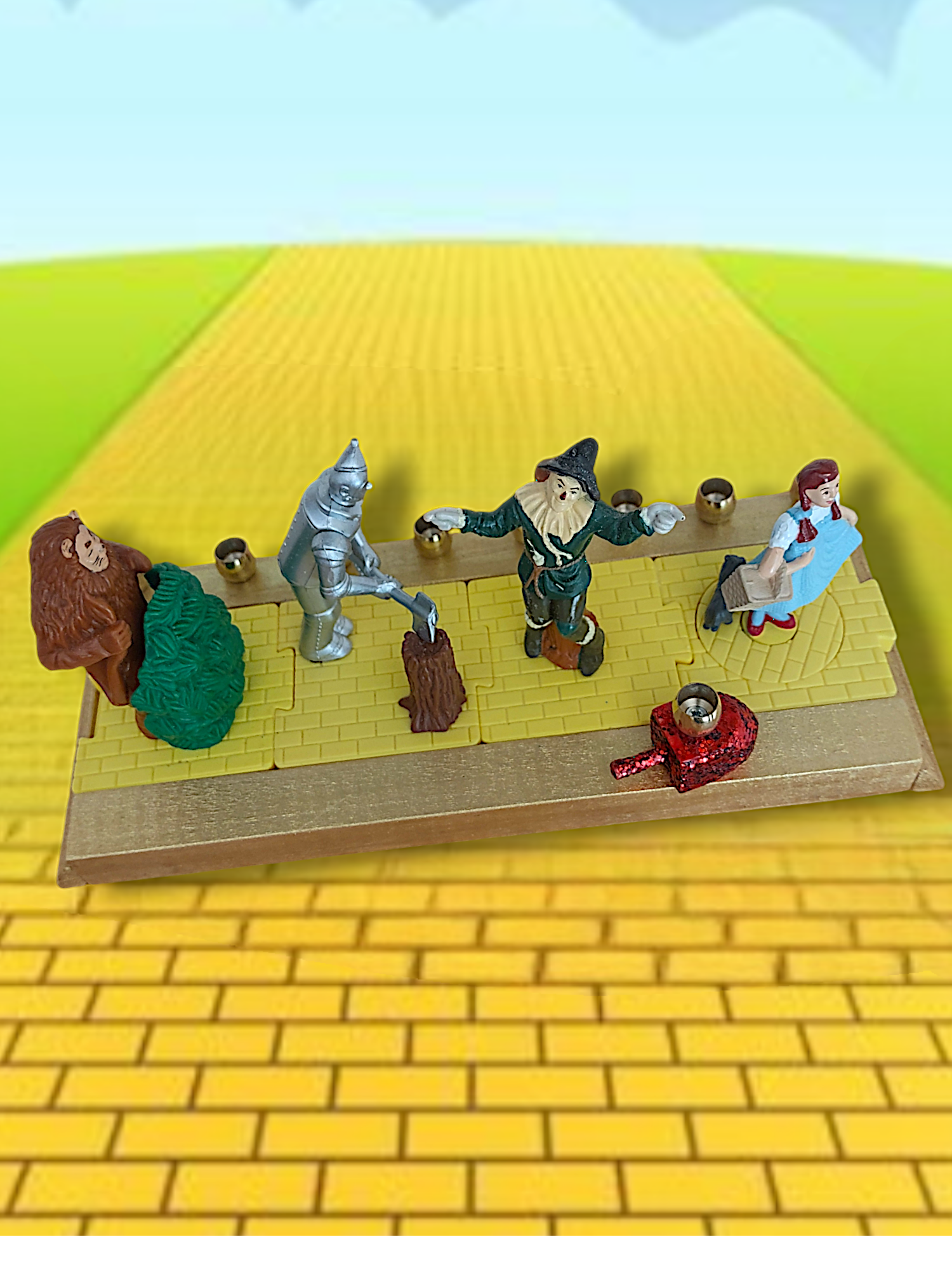 Wizard of Oz menorah — spinning repurposed Oz figures with ruby dreidel and brass cups | Judaica Square Lakewood (view 5)