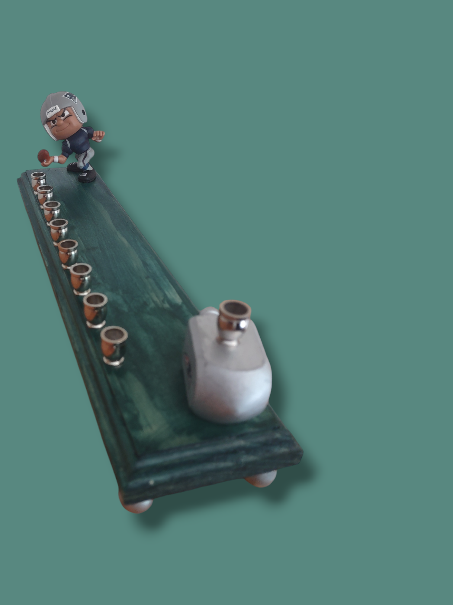 Patriots football menorah — collector figure and wood dreidel on a 13-inch painted base | Judaica Square Lakewood (view 4)