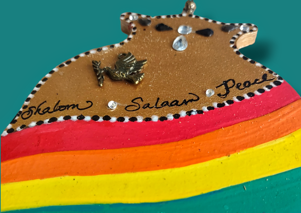 Hanging wooden hamsa — Peace in six languages with pewter dove | Judaica Square Lakewood (view 5)