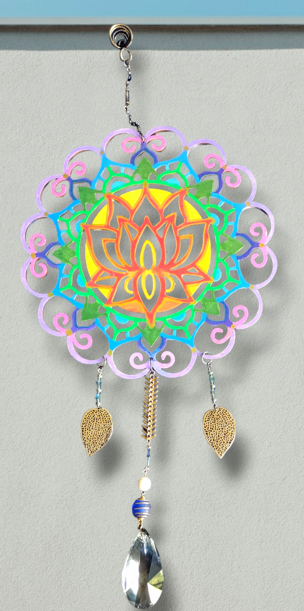 Lotus mandala — two-sided spinning hanging with vintage beads | Judaica Square Lakewood (view 3)
