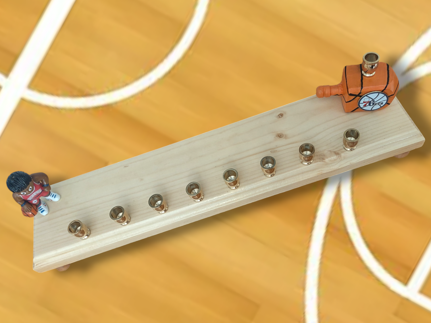 Philadelphia 76ers menorah — repurposed basketball figure on a long wood plaque | Judaica Square Lakewood (view 2)