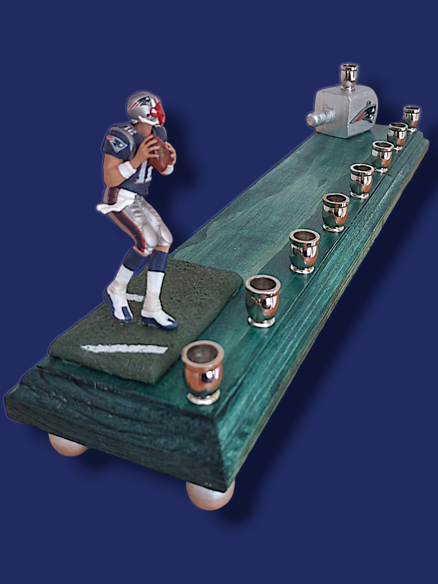 Tom Brady Menorah — Patriots number 12 collector figure on wood base | Judaica Square Lakewood (view 2)