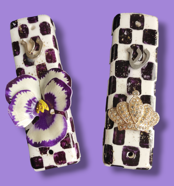 Checkerboard ceramic mezuzah case — checked glaze with flower or jeweled crown topper | Judaica Square Lakewood