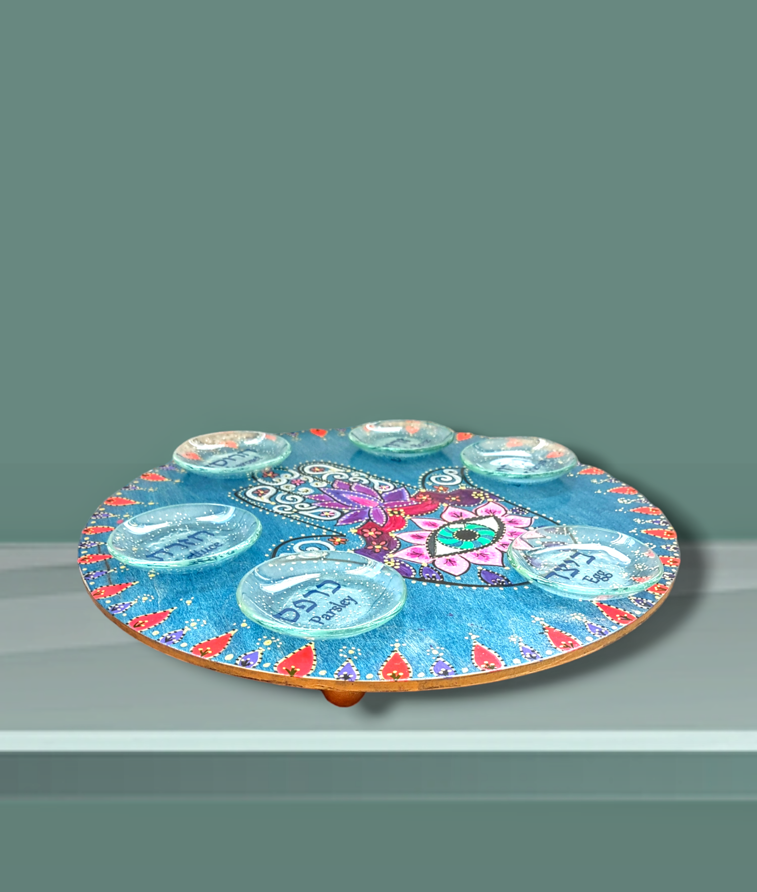 Hamsa seder plate — hand-painted colorful hardwood plate with etched glass bowls | Judaica Square Lakewood (view 3)