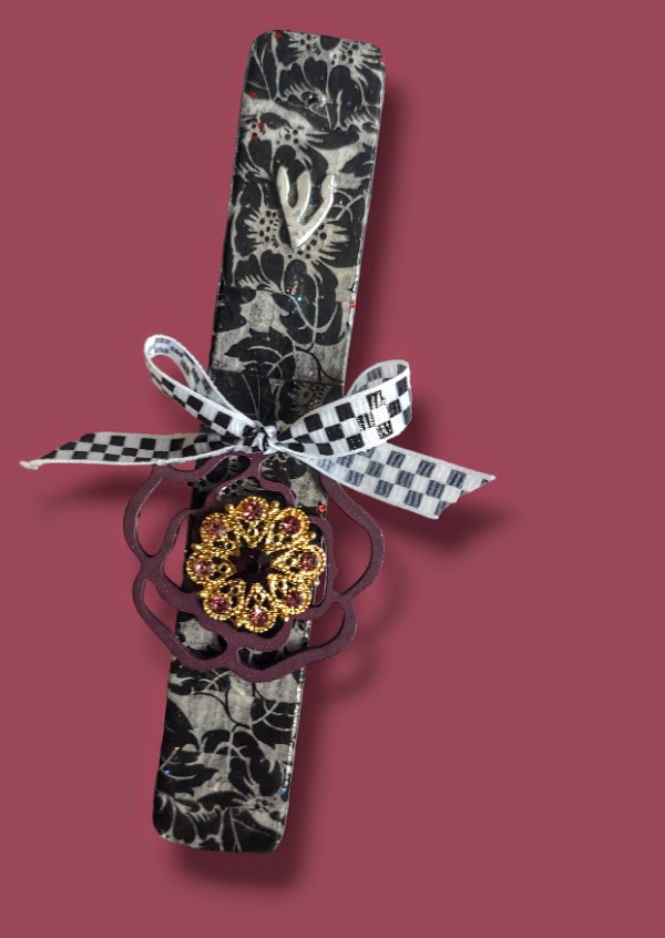 Checkerboard mezuzah case — black and white decoupage wood with costume jewels and ribbon | Judaica Square Lakewood (view 4)